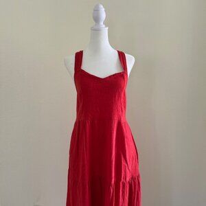 Linen Dress Cross Back Tiered Red Midi Pockets Sweetheart Neck Boho Beach Resort